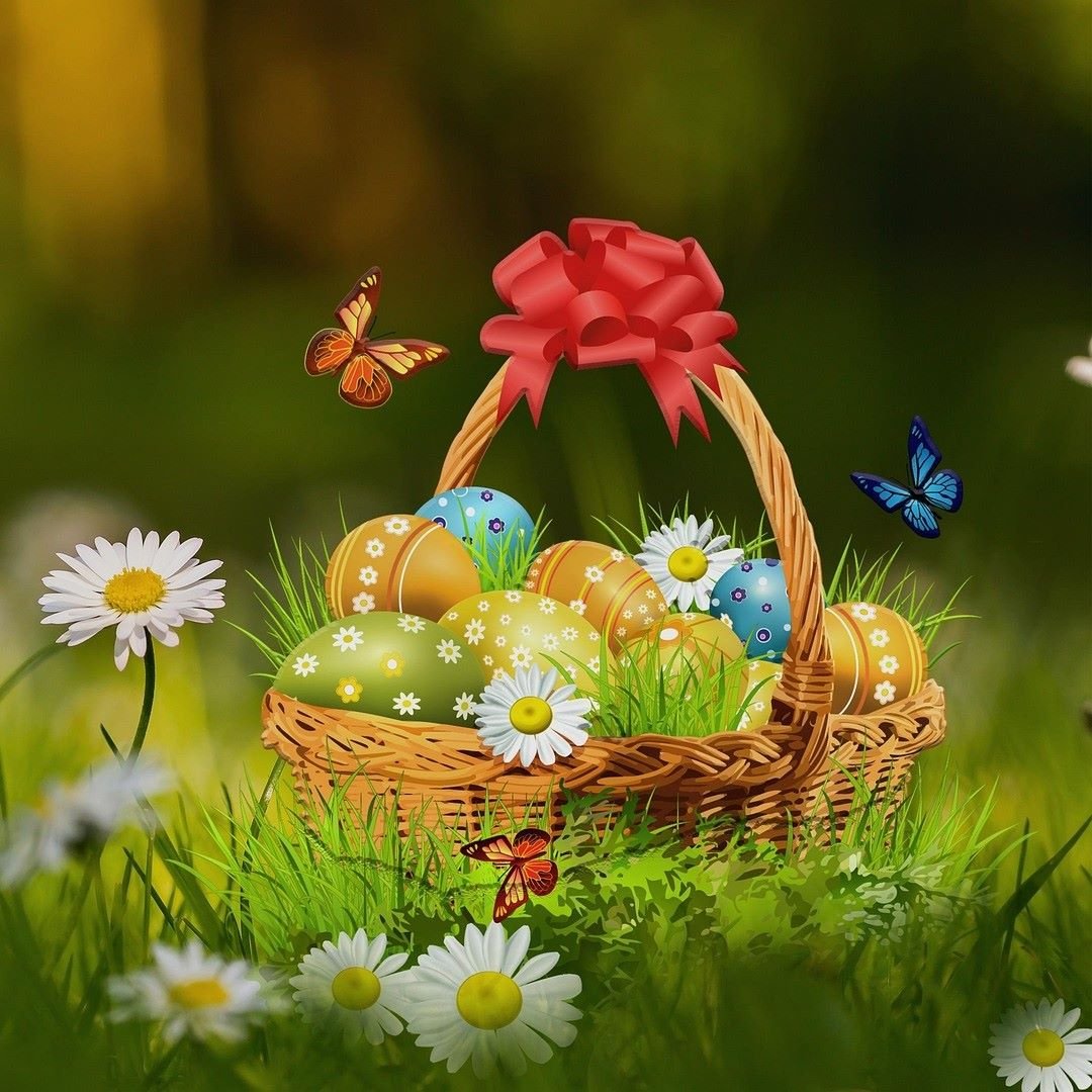 Colorful wicker basket filled with decorated Easter eggs, surrounded by daisies and butterflies in a spring meadow.