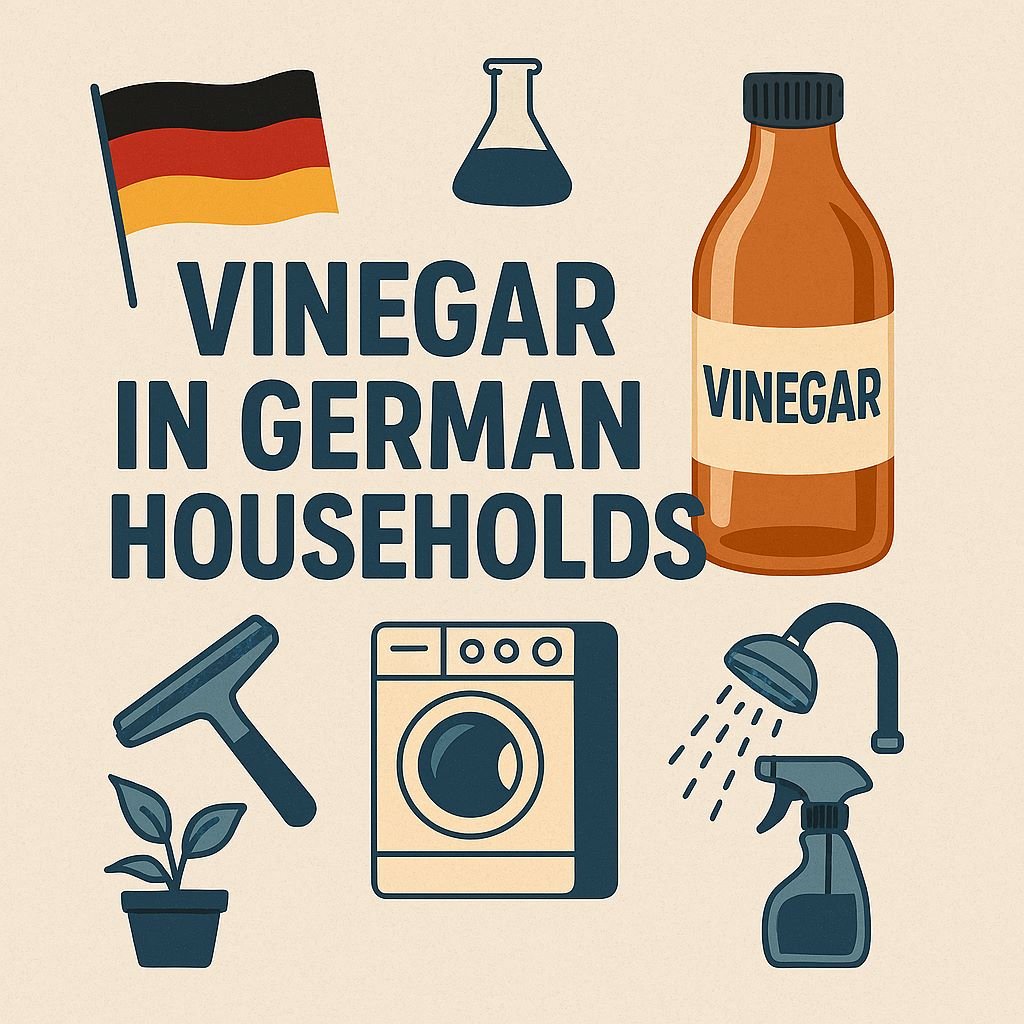 Bottle of vinegar surrounded by icons showing its uses in German households like cleaning, laundry, and deodorizing