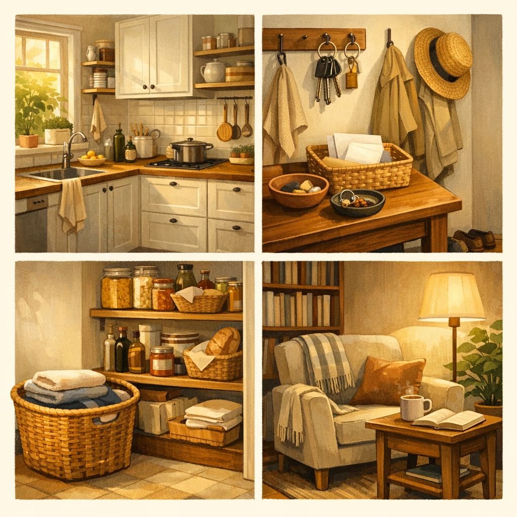 Practical household habits for a calmer home with tidy kitchen, laundry routine, pantry staples, and organized daily essentials