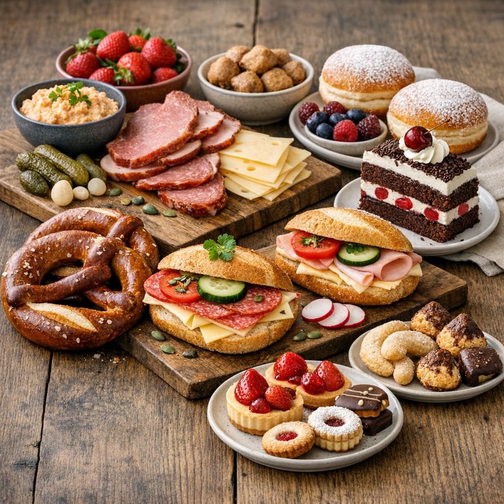 German snack culture with savory and sweet snacks, including pretzels, rolls, cheese, pastries, and cookies.